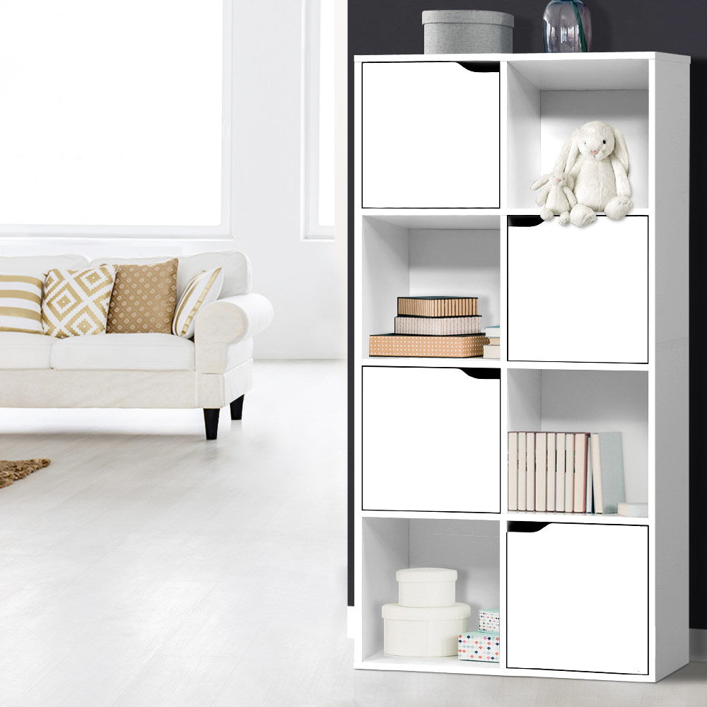 Cube Display Shelf Storage Cabinet with 4 Soft Close Doors - White - Homecoze