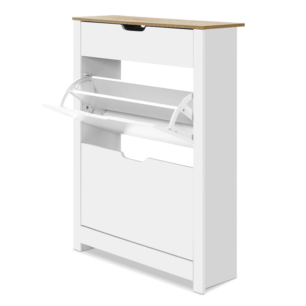 16 Pairs Compact Shoe Cabinet Rack Organiser Storage Cupboard with Top Draw - White - Homecoze
