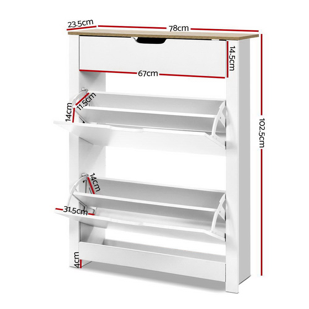 16 Pairs Compact Shoe Cabinet Rack Organiser Storage Cupboard with Top Draw - White - Homecoze