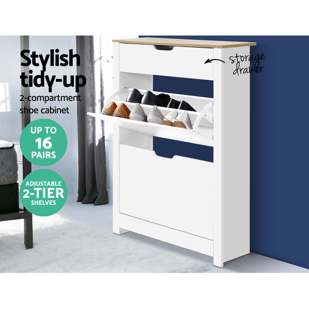 16 Pairs Compact Shoe Cabinet Rack Organiser Storage Cupboard with Top Draw - White - Homecoze