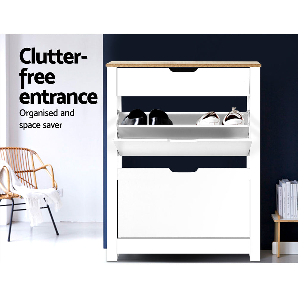 16 Pairs Compact Shoe Cabinet Rack Organiser Storage Cupboard with Top Draw - White - Homecoze