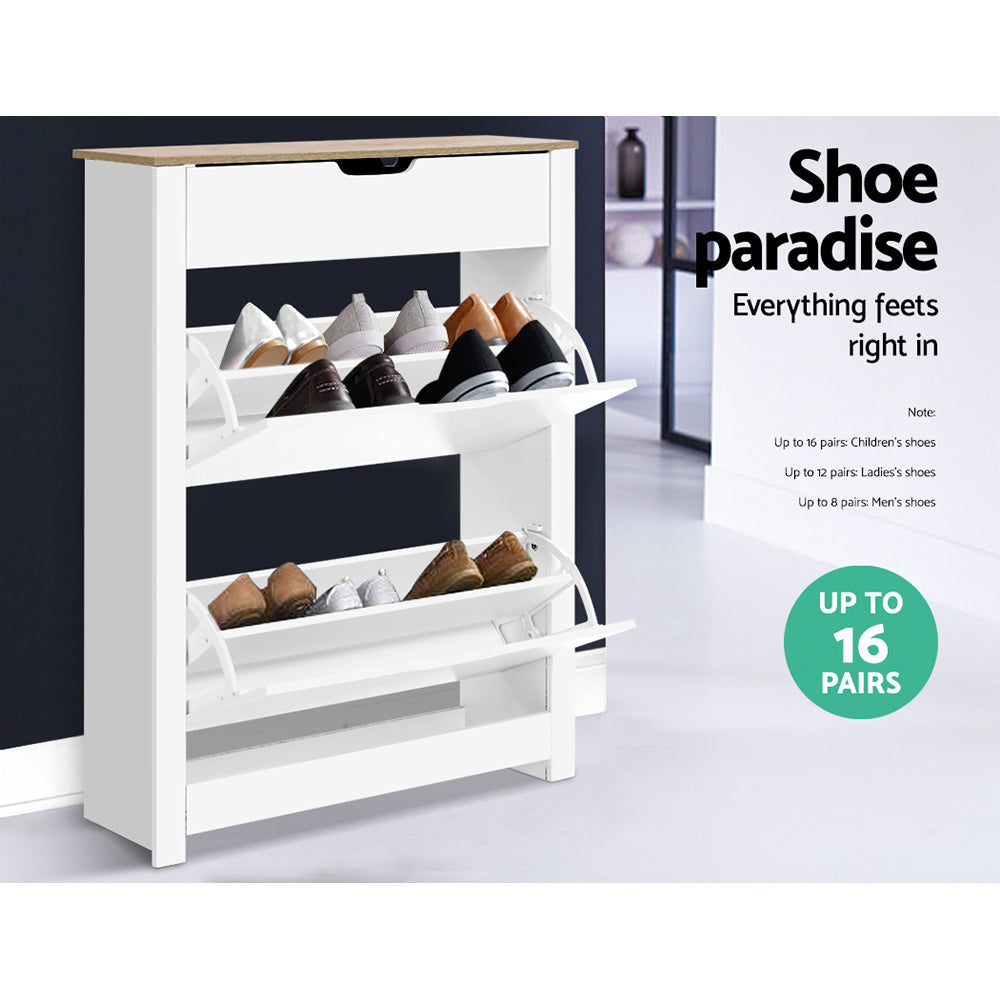 16 Pairs Compact Shoe Cabinet Rack Organiser Storage Cupboard with Top Draw - White - Homecoze