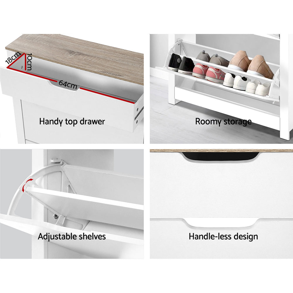 16 Pairs Compact Shoe Cabinet Rack Organiser Storage Cupboard with Top Draw - White - Homecoze