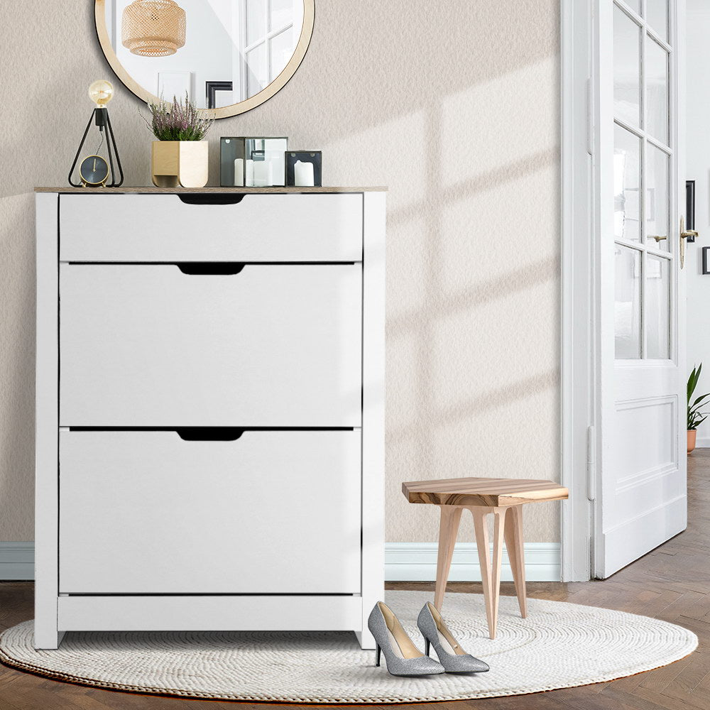 16 Pairs Compact Shoe Cabinet Rack Organiser Storage Cupboard with Top Draw - White - Homecoze