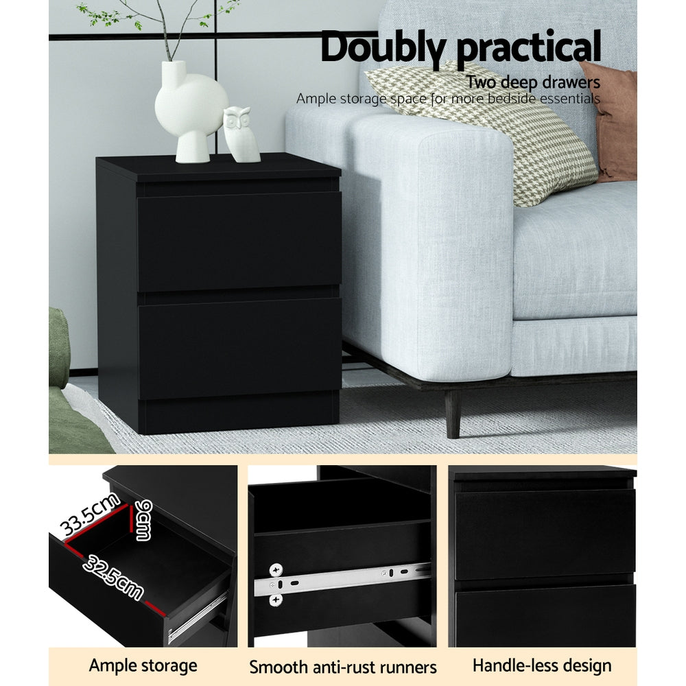 Modern 2 Drawer Bedside Table (Set of 2) - Black - Homecoze