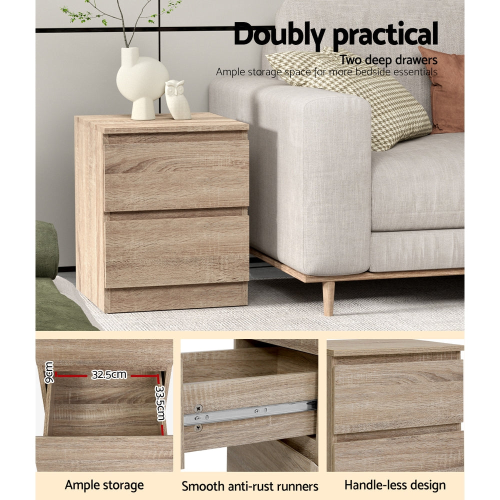 Modern Bedside Table with 2 Drawers (Set of 2) - Oak - Homecoze