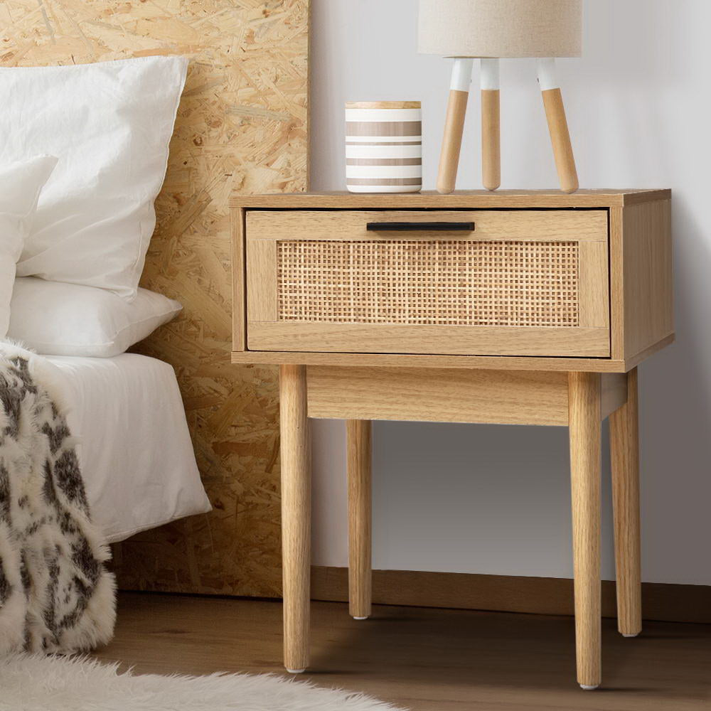 Lola Rattan Bedside Table 1 Drawer – Oak - Homecoze