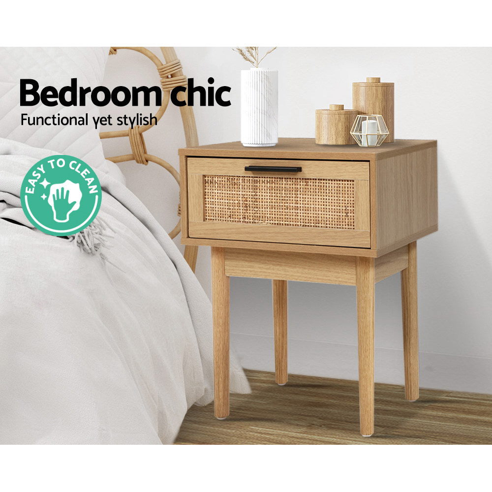 Lola Rattan Bedside Table 1 Drawer – Oak - Homecoze