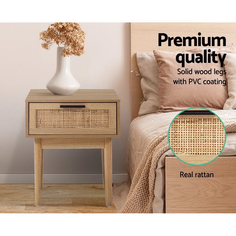 Lola Rattan Bedside Table 1 Drawer – Oak - Homecoze