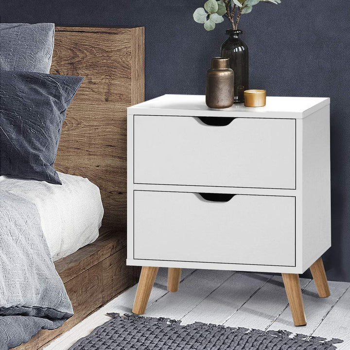 Classic Scandinavian Inspired Large 2 Drawer Side Table - White - Homecoze