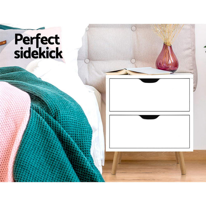 Classic Scandinavian Inspired Large 2 Drawer Side Table - White - Homecoze