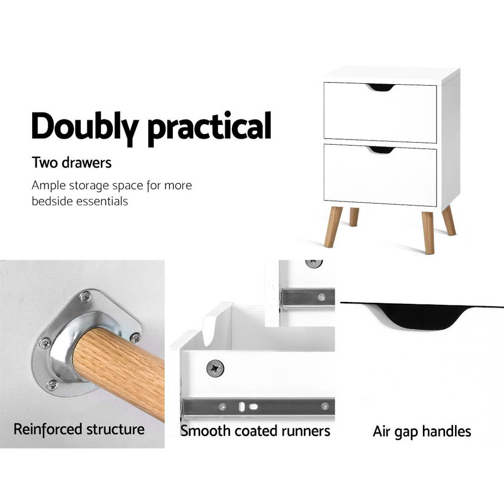 Classic Scandinavian Inspired Large 2 Drawer Side Table - White - Homecoze