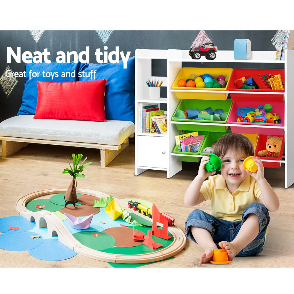 Kids Storage Shelf with 8 Removable Plastic Tubs - White - Homecoze