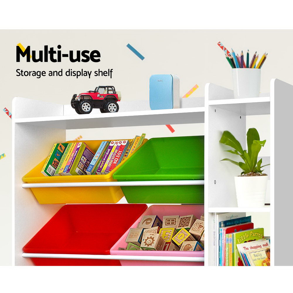 Kids Storage Shelf with 8 Removable Plastic Tubs - White - Homecoze