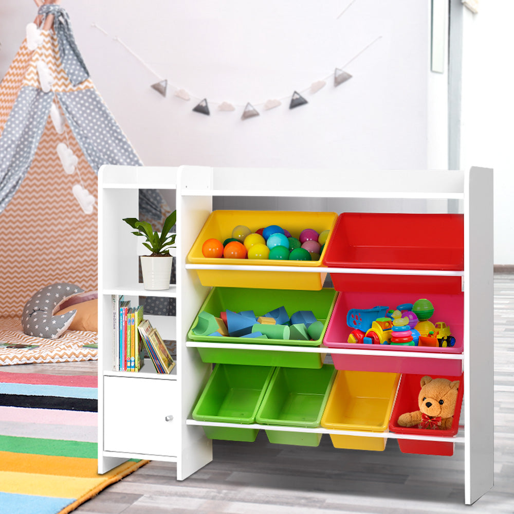 Kids Storage Shelf with 8 Removable Plastic Tubs - White - Homecoze