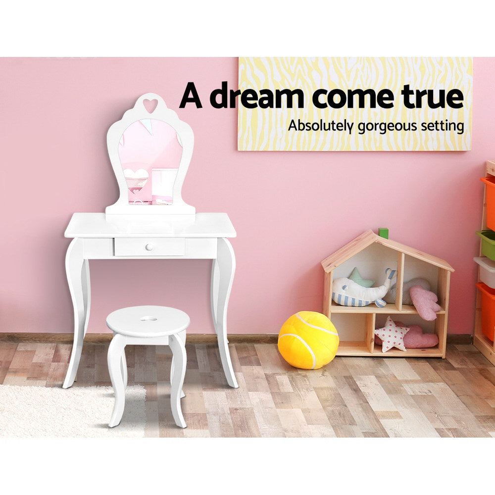 Kids White Vanity Dressing Table & Stool Set with Mirror - Homecoze