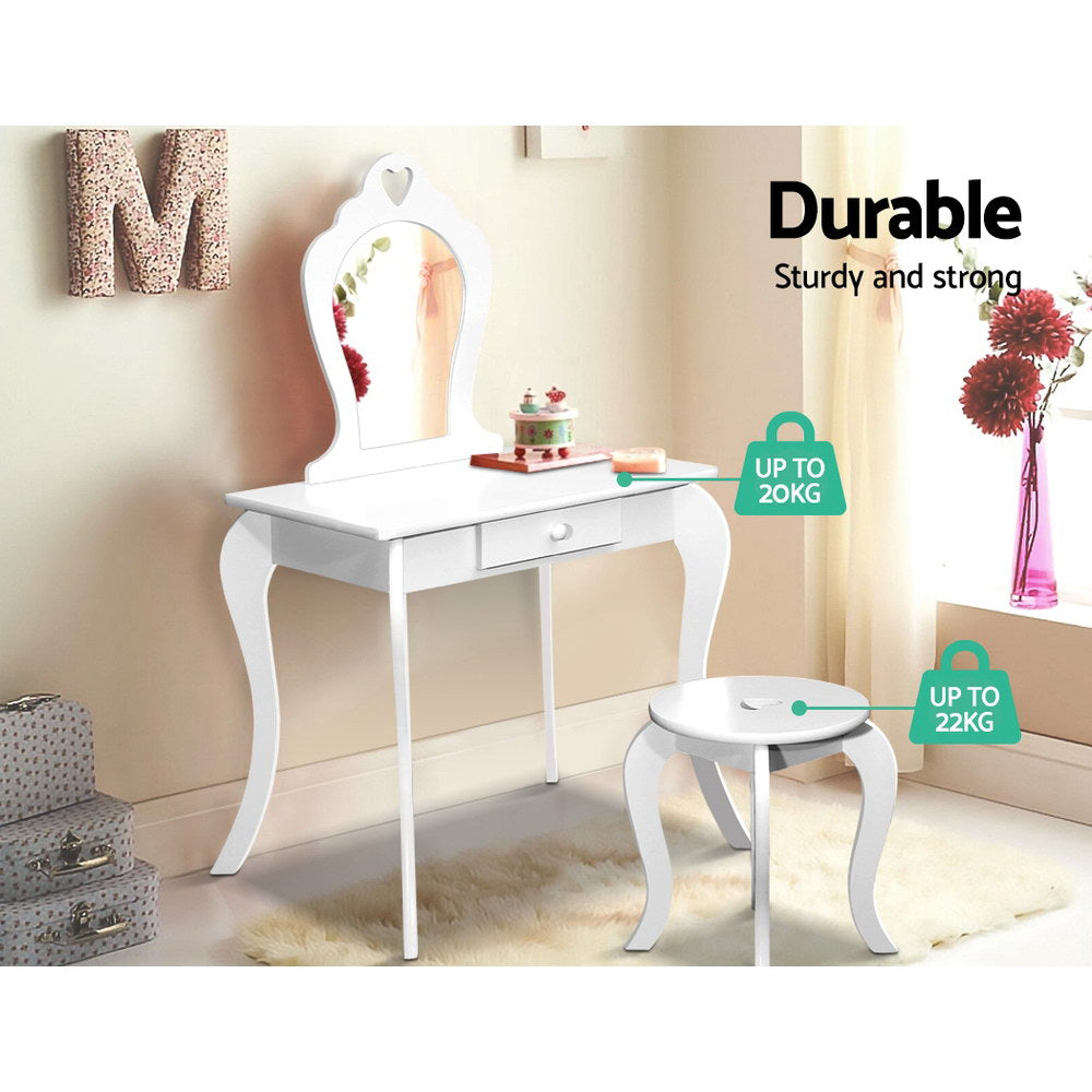 Kids White Vanity Dressing Table & Stool Set with Mirror - Homecoze