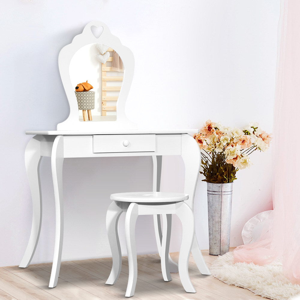 Kids White Vanity Dressing Table & Stool Set with Mirror - Homecoze