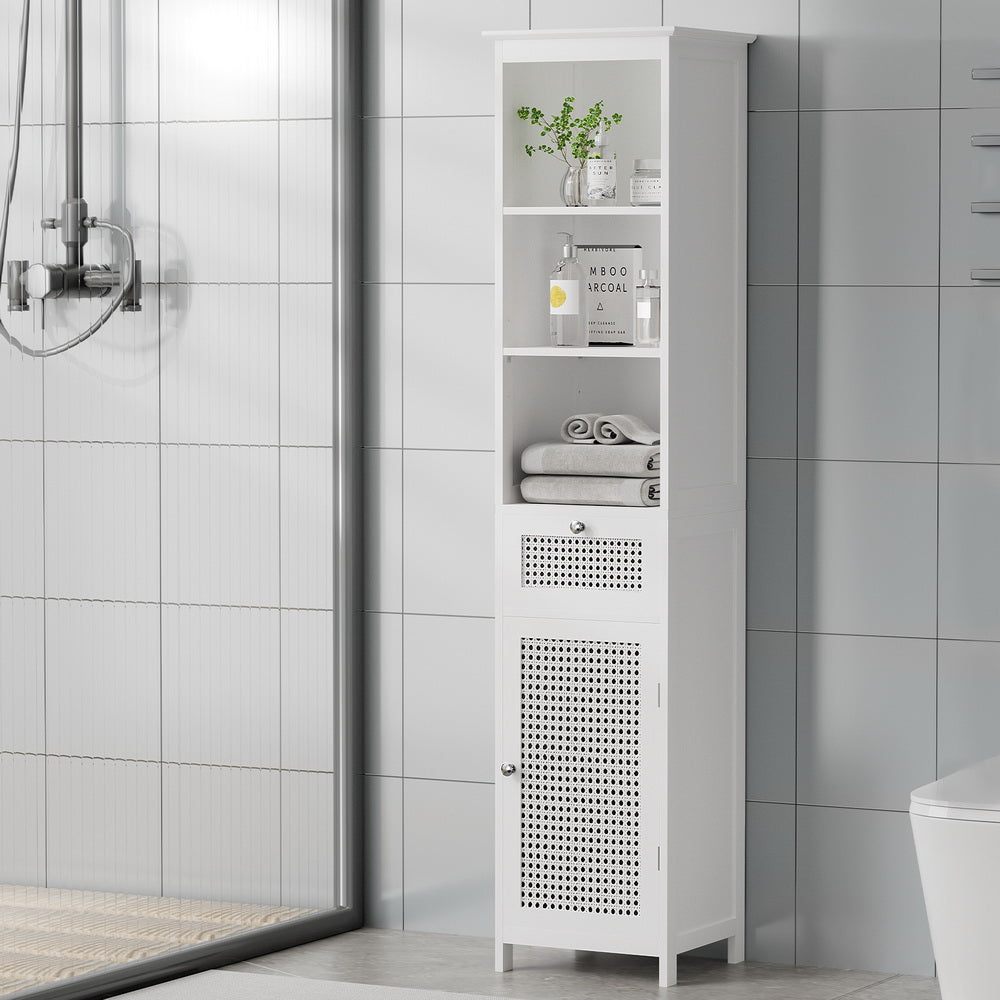 Bathroom Laundry Slim Tallboy Storage Cabinet with Open Shelves - White - Homecoze