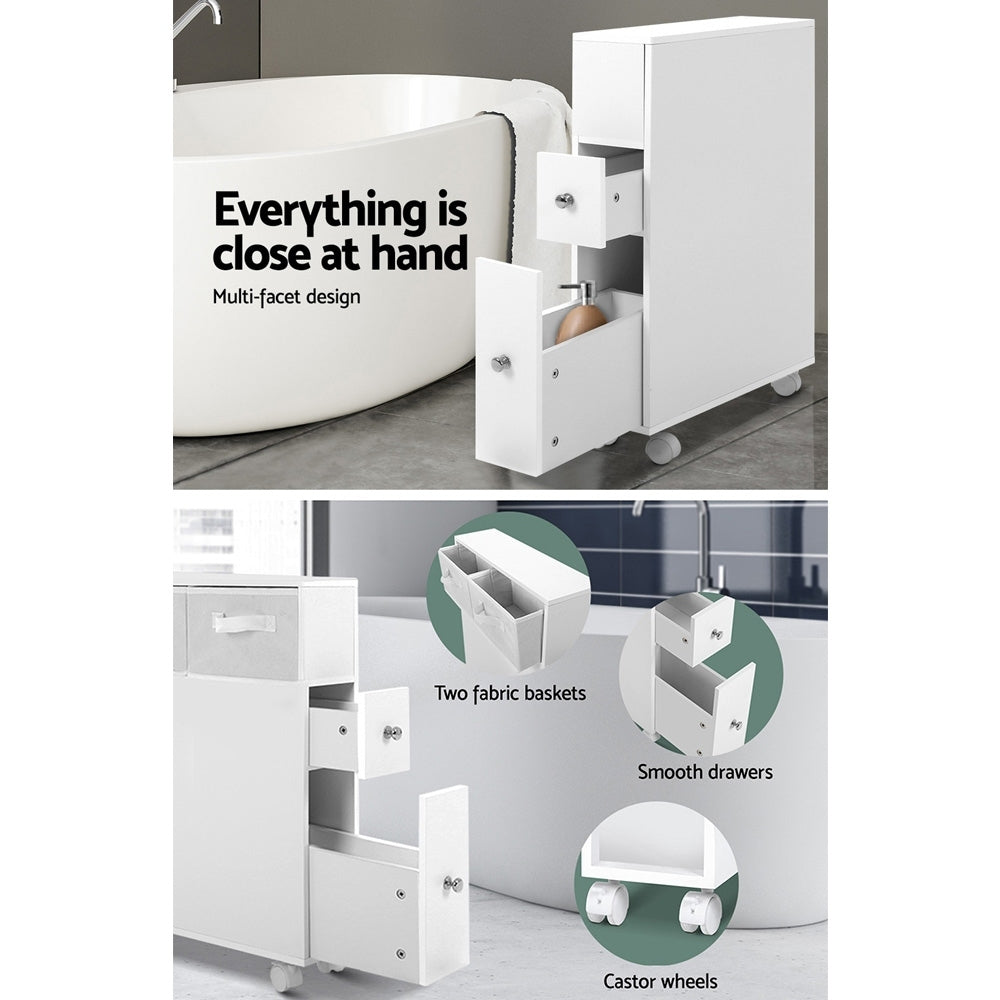 Slimline Bathroom Storage Cabinet with Wheels - White - Homecoze
