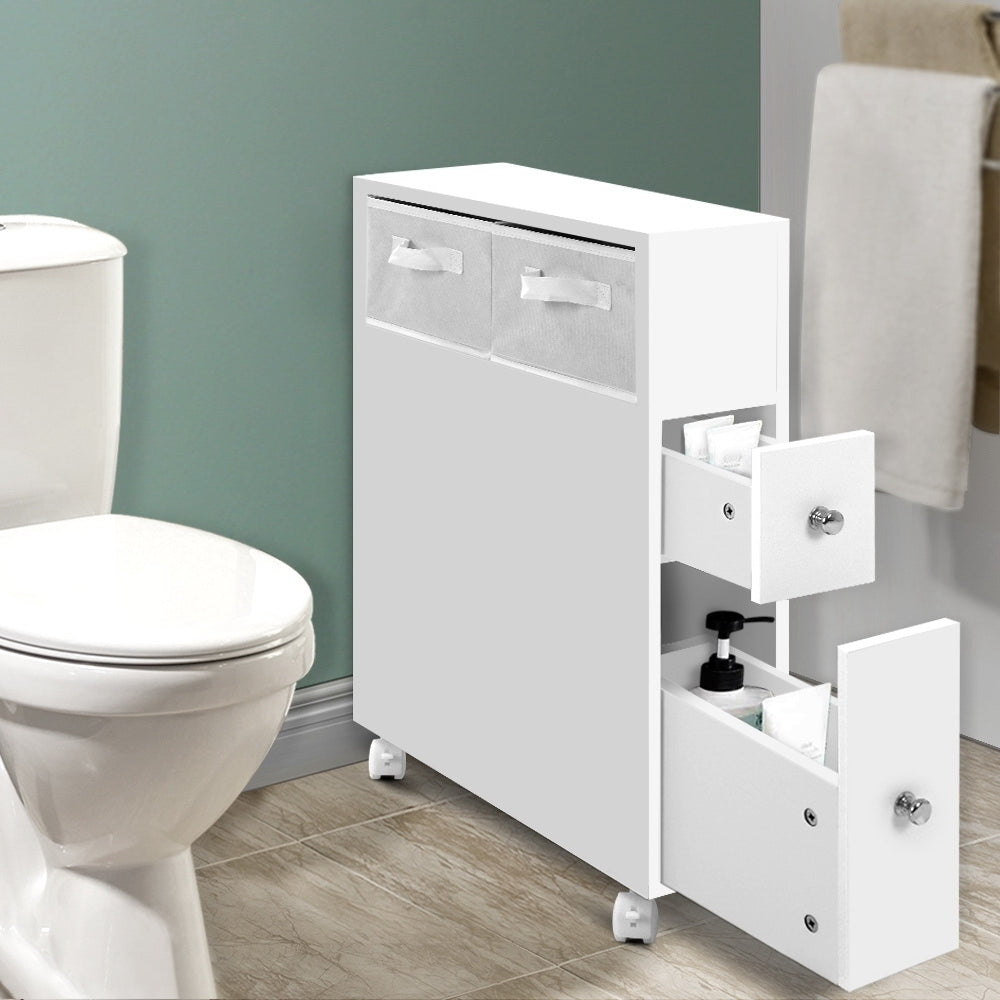 Slimline Bathroom Storage Cabinet with Wheels - White - Homecoze