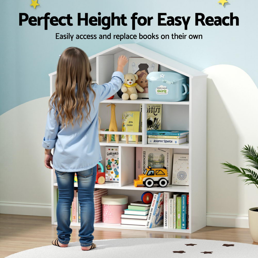 Keezi 4 Tiers Kids Bookshelf Wooden Bookcase Display Storage Organiser Cabinet White - Homecoze