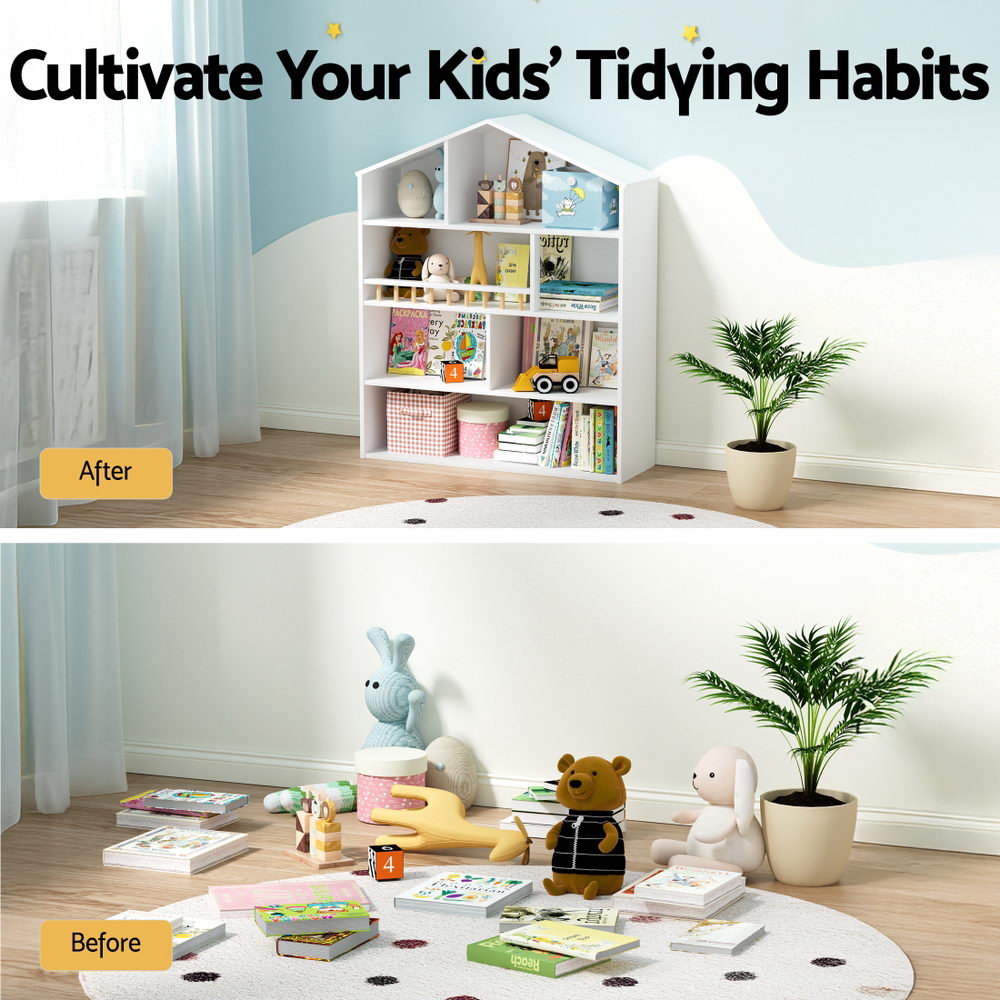 Keezi 4 Tiers Kids Bookshelf Wooden Bookcase Display Storage Organiser Cabinet White - Homecoze