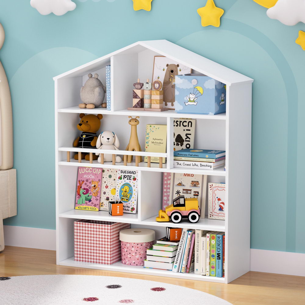Keezi 4 Tiers Kids Bookshelf Wooden Bookcase Display Storage Organiser Cabinet White - Homecoze