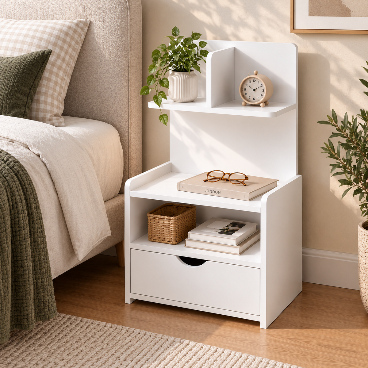 Unique Storage Bookshelf Bedside Table with Drawer - White