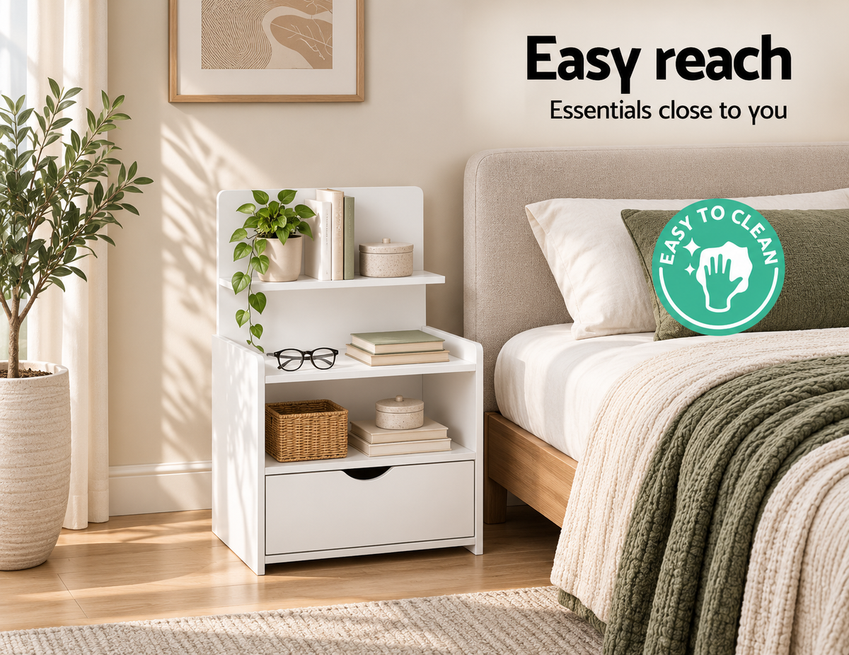 Unique Storage Bookshelf Bedside Table with Drawer - White - Homecoze
