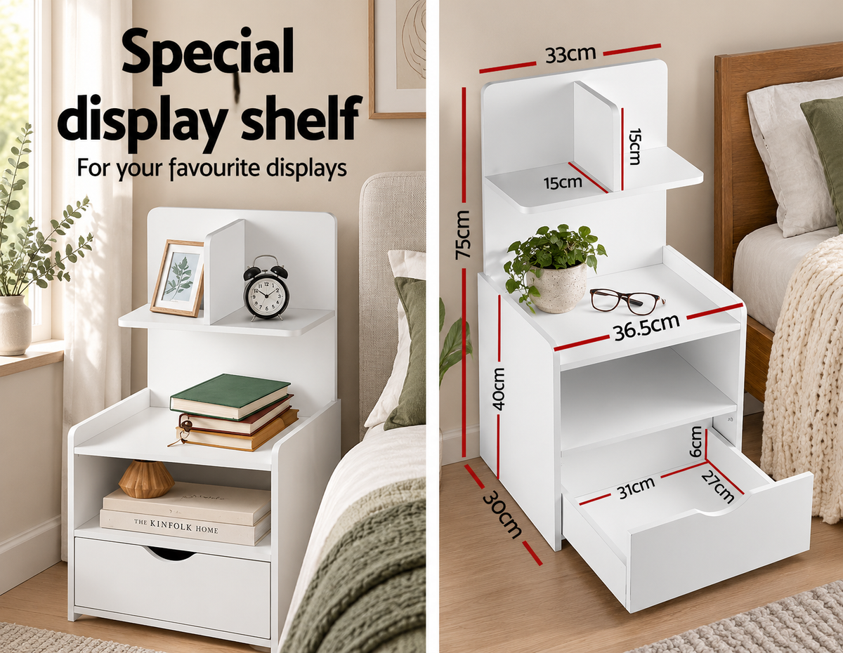 Unique Storage Bookshelf Bedside Table with Drawer - White - Homecoze