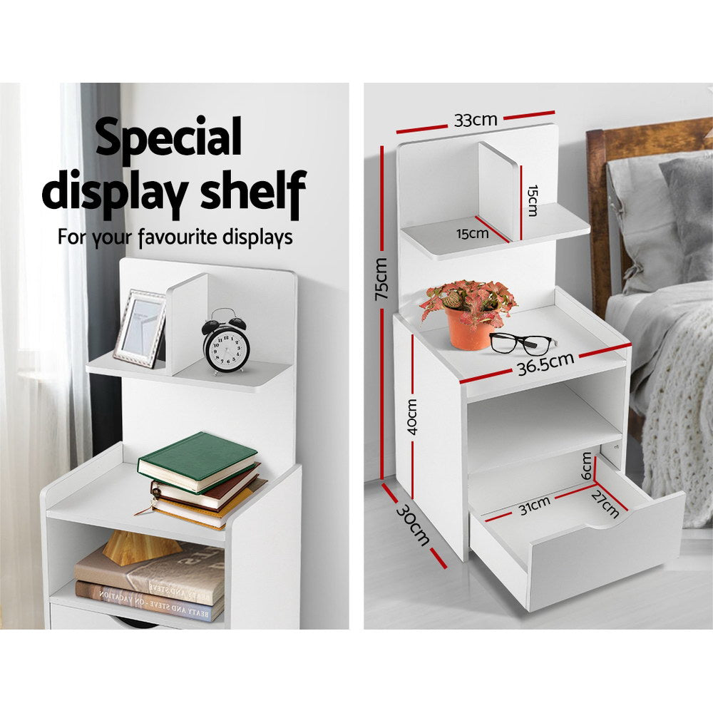 Unique Storage Bookshelf Bedside Table with Drawer - White - Homecoze