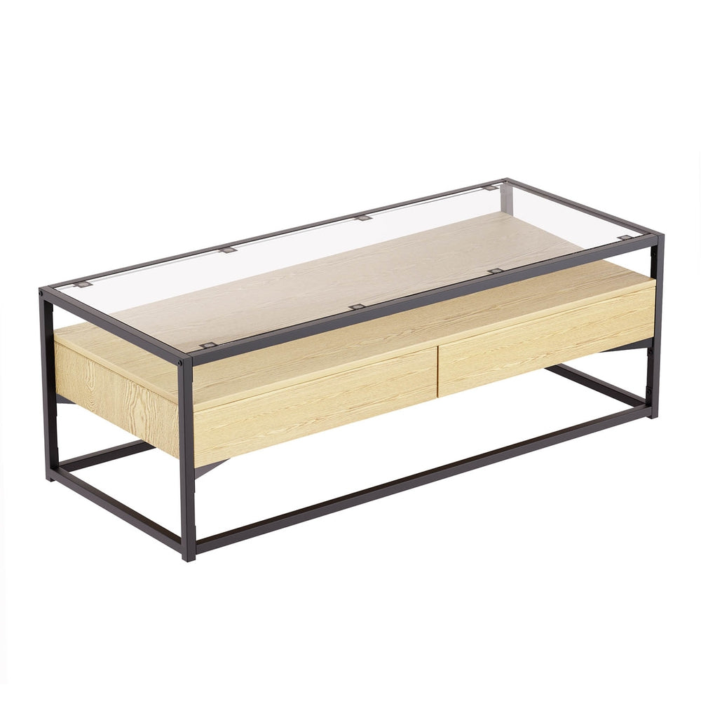 Glass Top Coffee Table 2 Drawer - Black & Pine - Homecoze