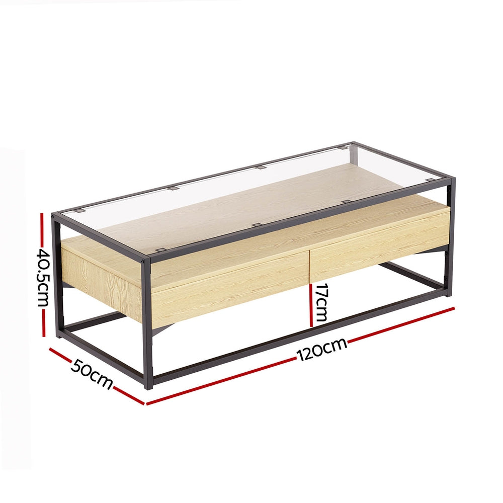 Glass Top Coffee Table 2 Drawer - Black & Pine - Homecoze