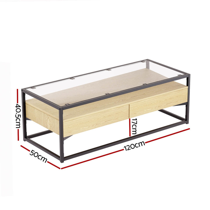 Glass Top Coffee Table 2 Drawer - Black & Pine