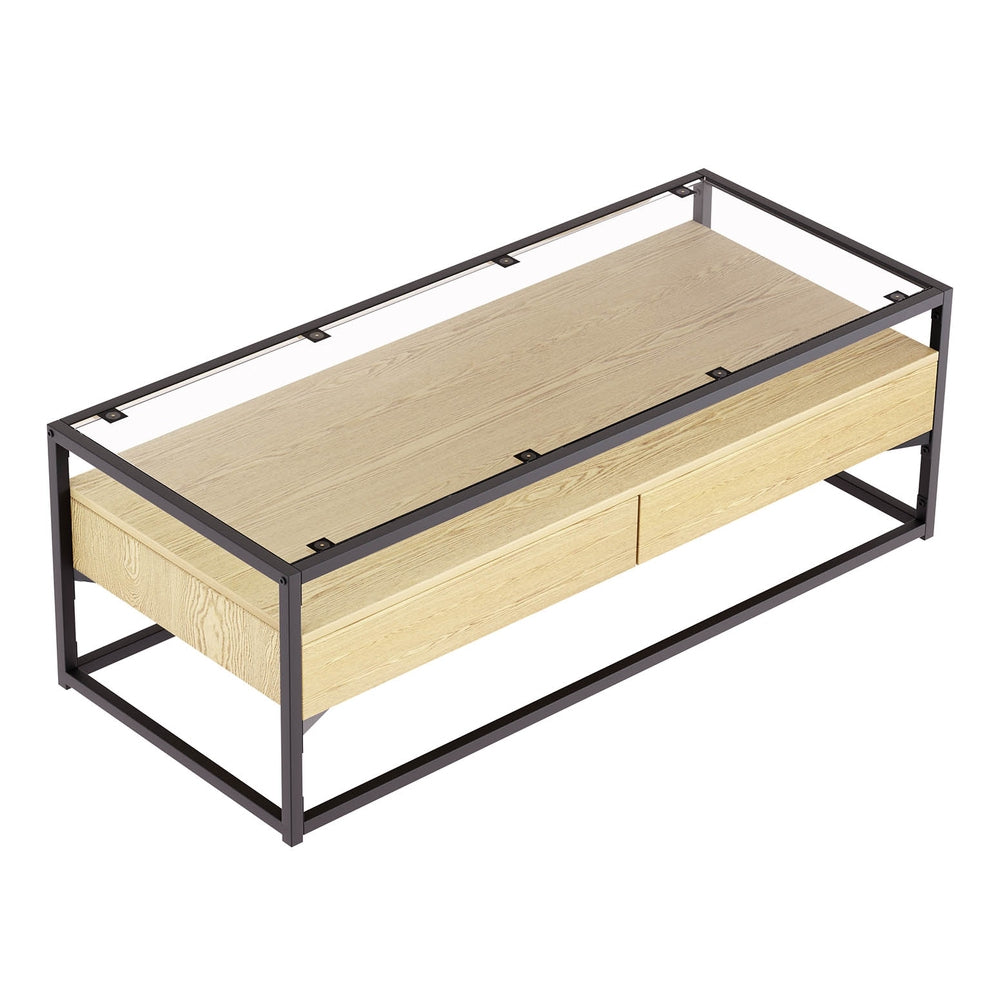 Glass Top Coffee Table 2 Drawer - Black & Pine - Homecoze