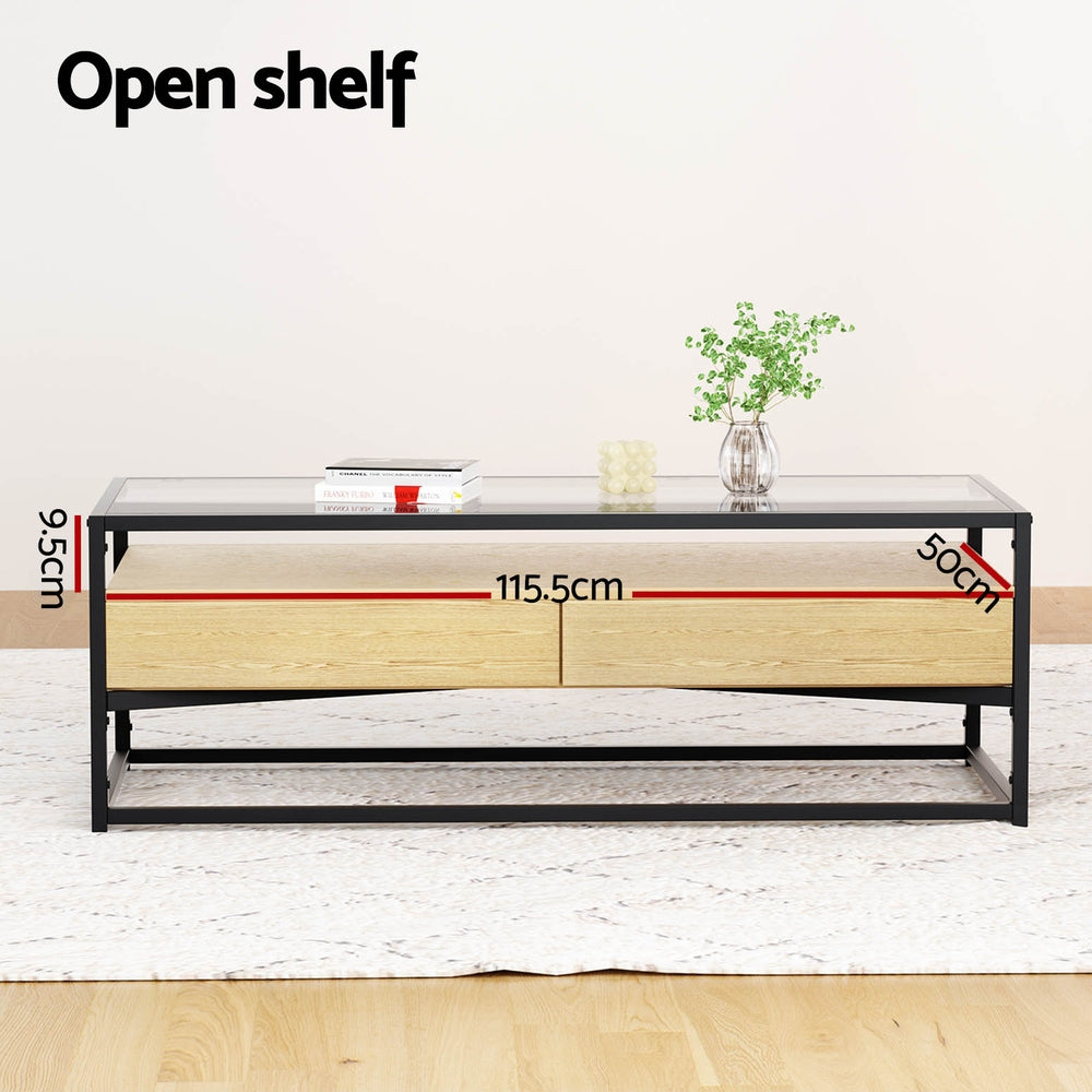 Glass Top Coffee Table 2 Drawer - Black & Pine