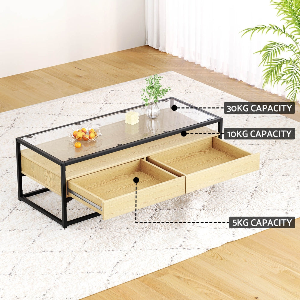 Glass Top Coffee Table 2 Drawer - Black & Pine - Homecoze