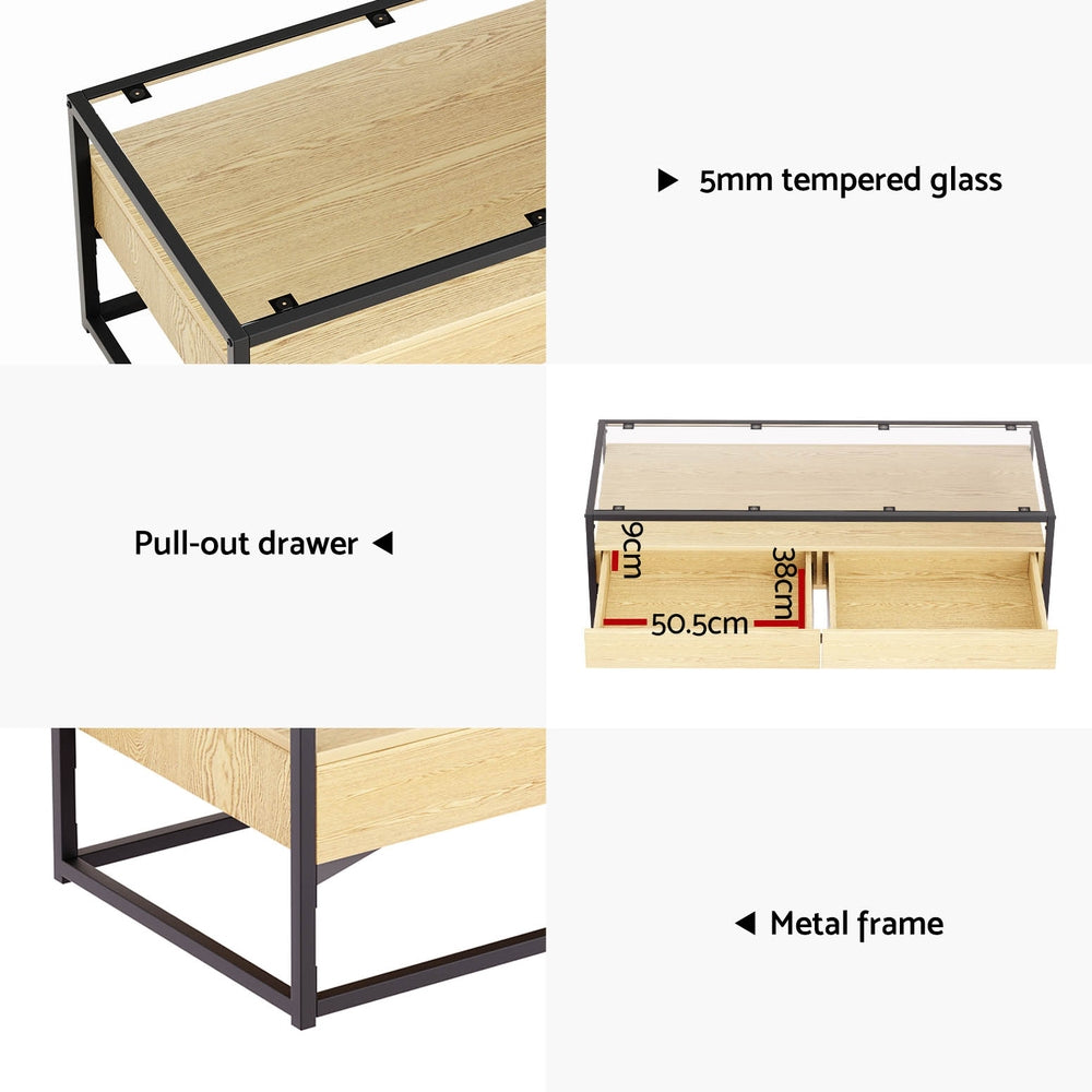 Glass Top Coffee Table 2 Drawer - Black & Pine - Homecoze