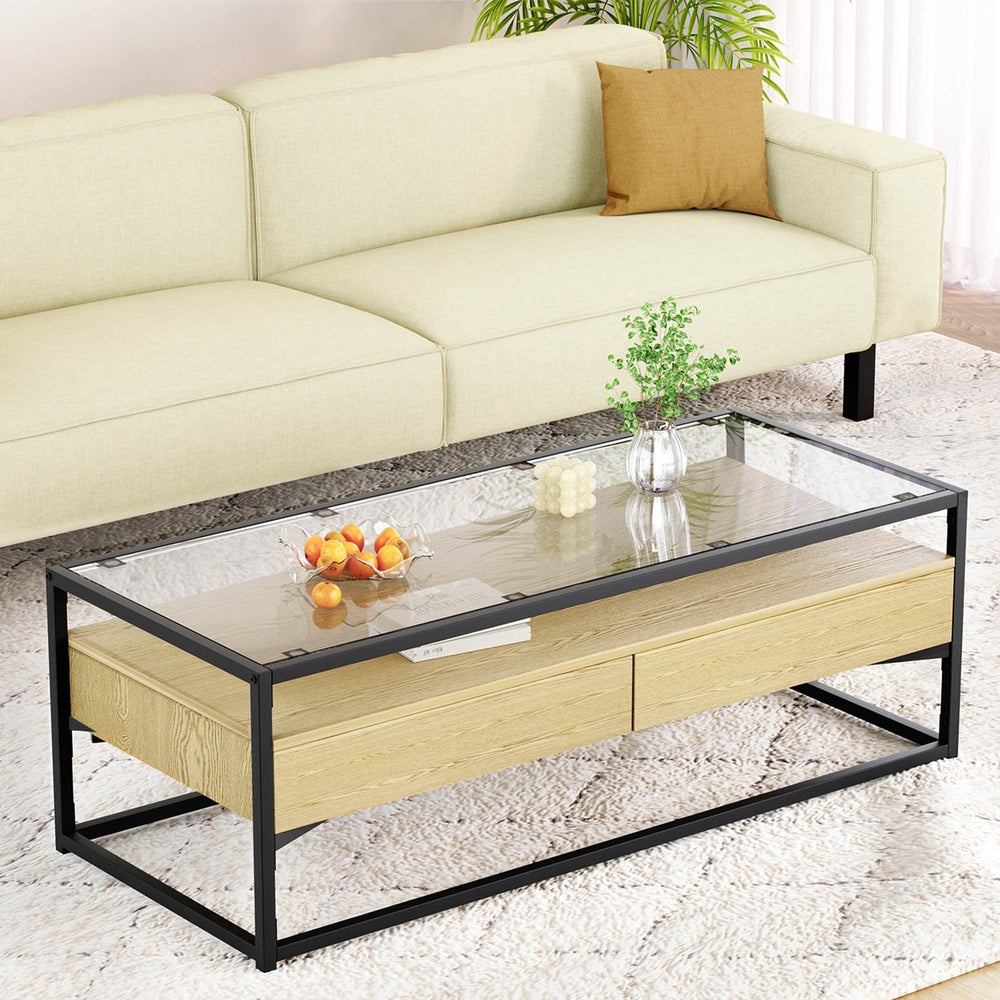 Glass Top Coffee Table 2 Drawer - Black & Pine - Homecoze