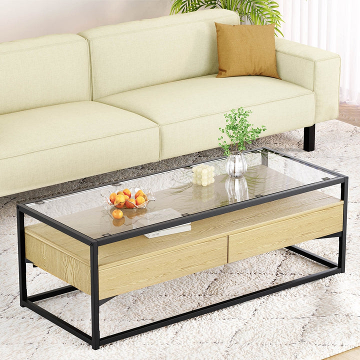 Glass Top Coffee Table 2 Drawer - Black & Pine