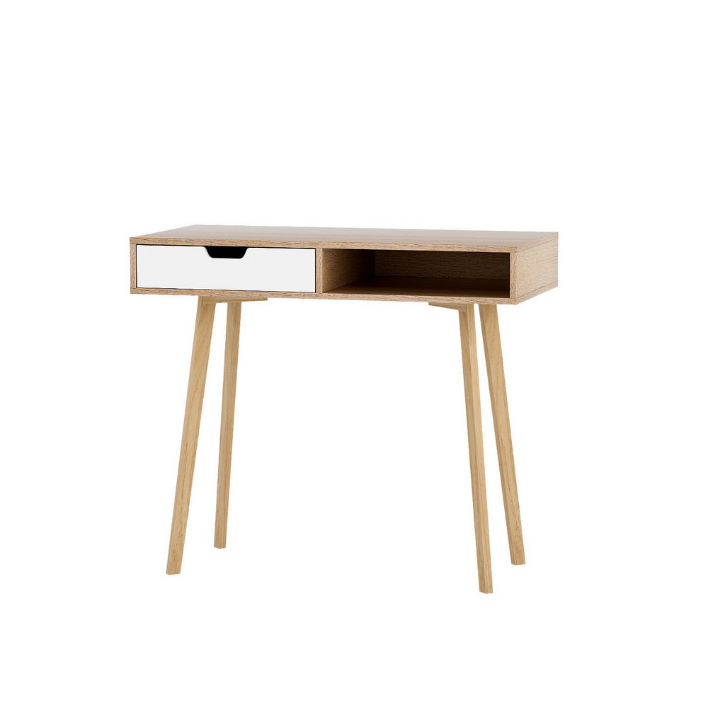 Modern Compact Wood Computer Desk - Oak & White - Homecoze