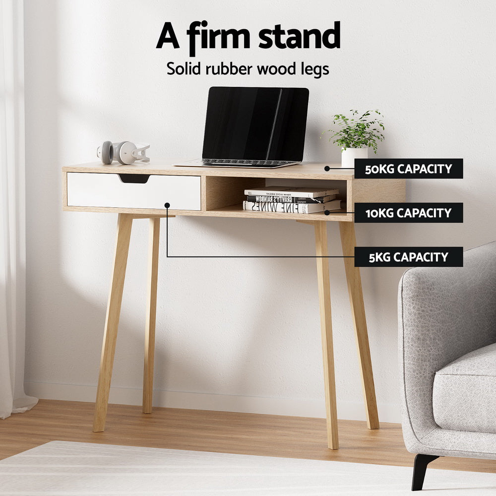 Modern Compact Wood Computer Desk - Oak & White - Homecoze