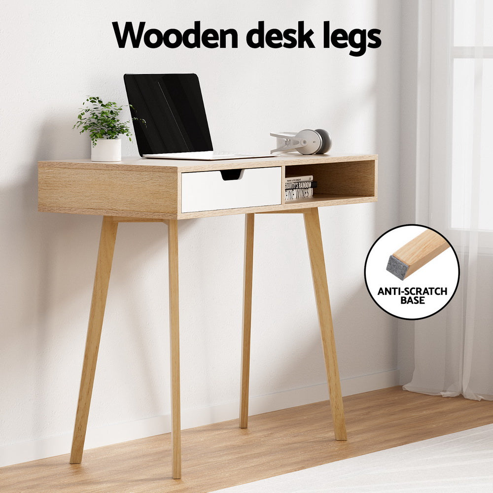 Modern Compact Wood Computer Desk - Oak & White - Homecoze