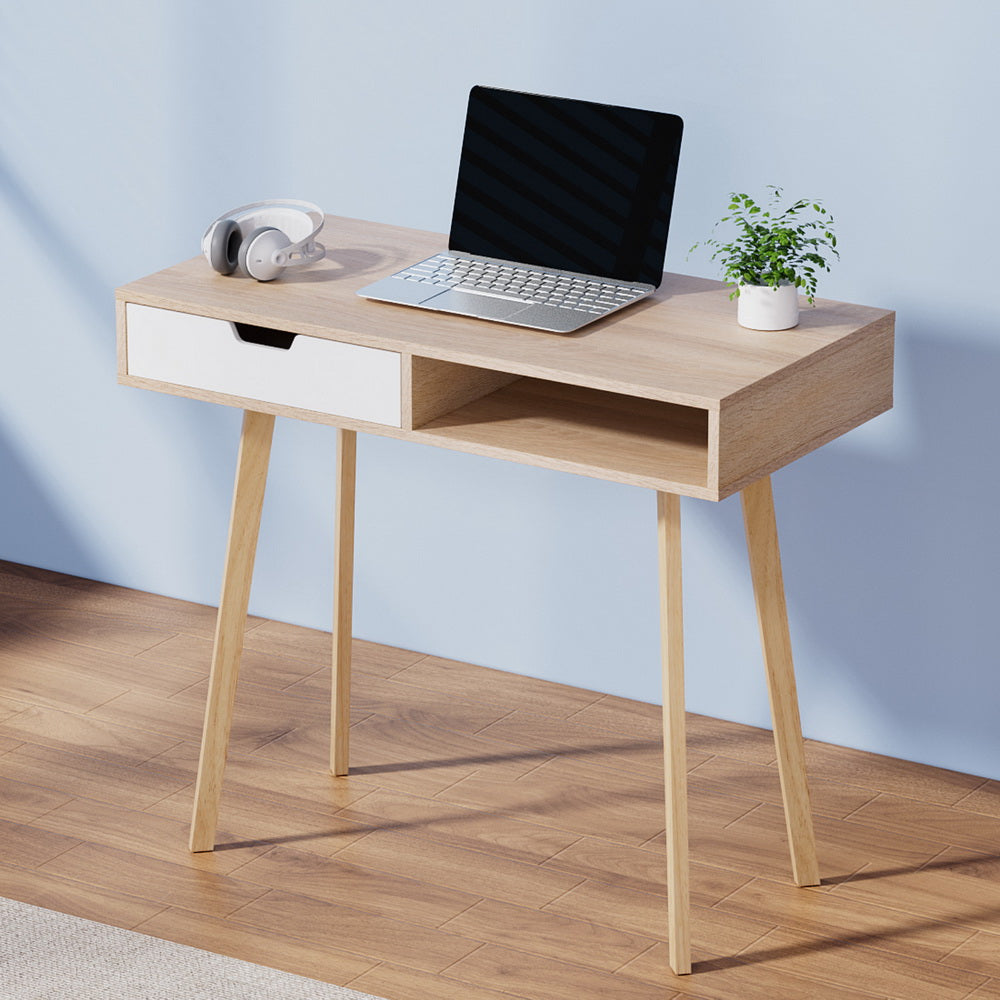 Modern Compact Wood Computer Desk - Oak & White - Homecoze