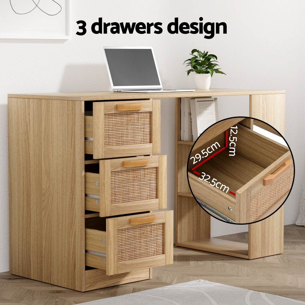 Rattan Home Office Computer Study Desk with Drawers - Homecoze