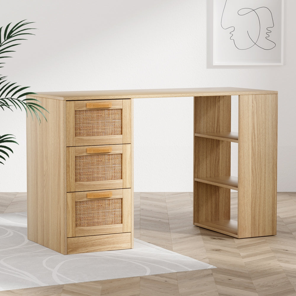 Rattan Home Office Computer Study Desk with Drawers - Homecoze