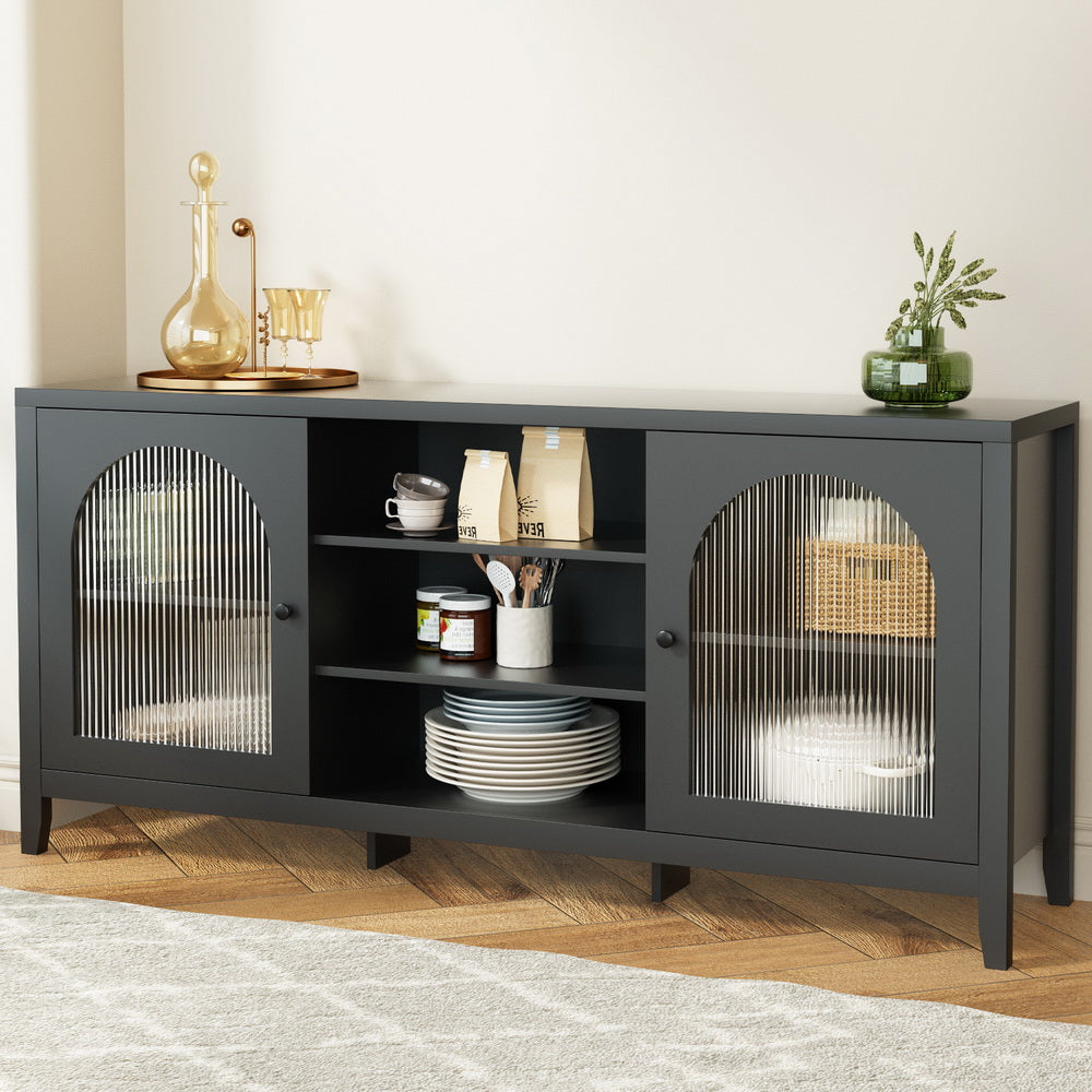 Modern Lowset Buffet Sideboard with Fluted Doors 160cm - Black