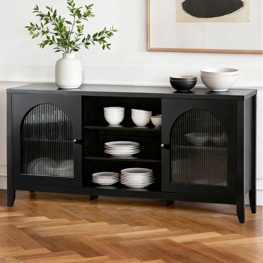 Modern Lowset Buffet Sideboard with Fluted Doors 160cm - Black - Homecoze