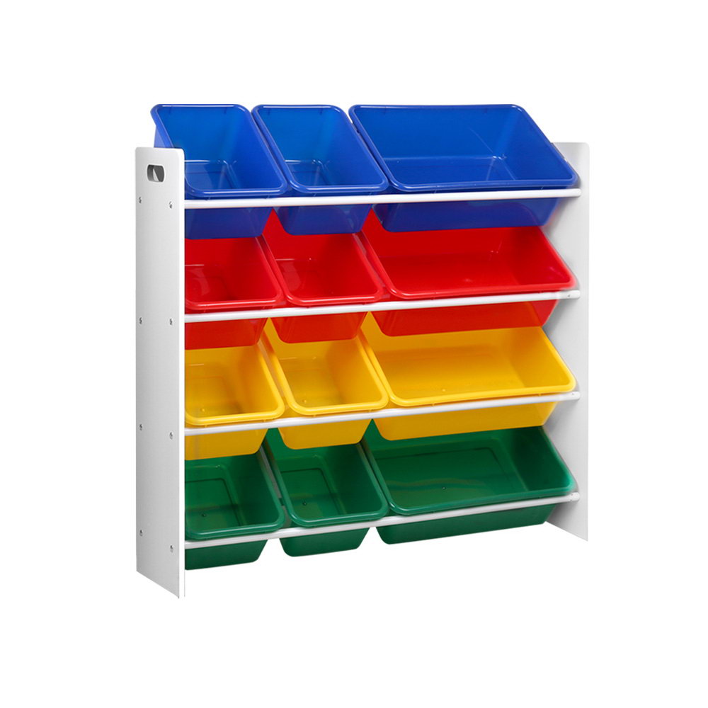 Kids Storage Shelf with 12 Removable Plastic Tubs - White - Homecoze